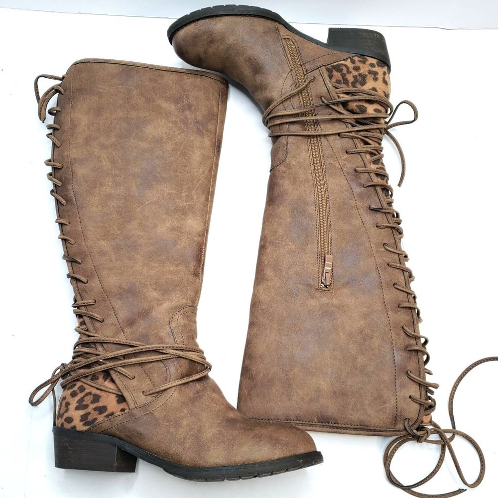 Very Volatile Leopard Print Lace Up Riding Boots Brown Equestrian Knee High Boot
